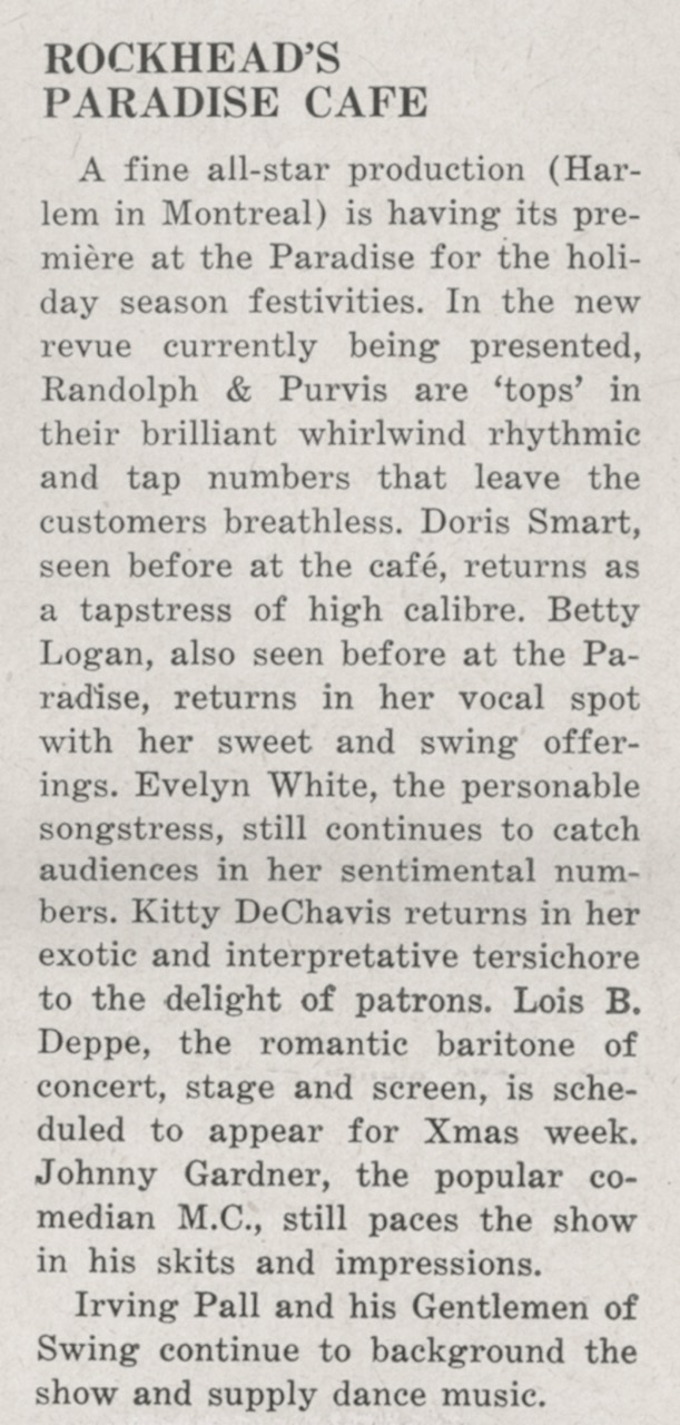 Rockheads Paradise Montreal newspaper clipping 2 December 1946